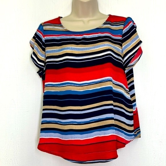 DKNY - Colorful Striped Crewneck Split Flutter Short Sleeve Blouse Size P Xl - Picture 3 of 10